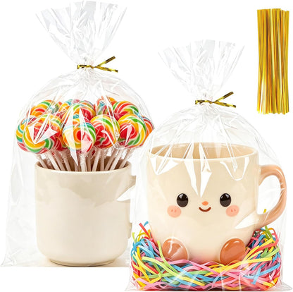 50pcs Clear Cellophane Treat Bags - 8 x 11 Inches Large Plastic Gift Bags with 60 Gold Twist Ties - Food Grade Cello Bags for Packaging Cookies, Candies, Popcorn, Bakery, Party Favors & DIY Crafts