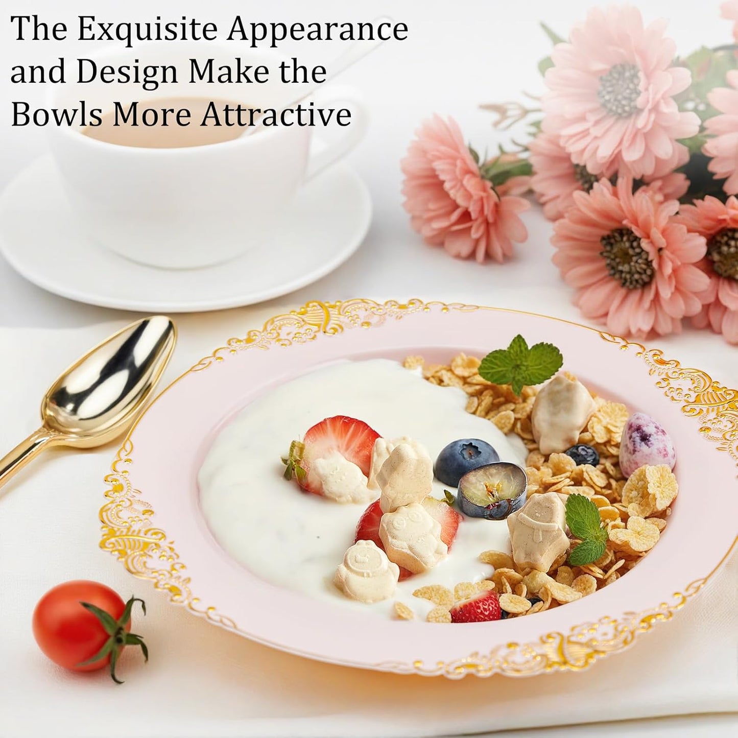 Nervure 50 Pack White Plastic Bowls with Gold Rim - 12oz Disposable Soup Bowls - Heavy Duty Dessert Bowl, Salad Bowl Perfect for Weddings, Parties, Mothers Day
