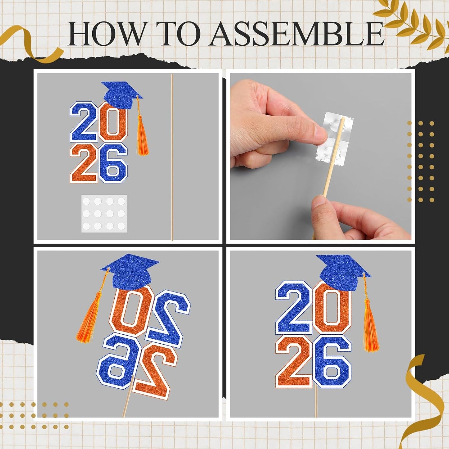 10 Pcs Graduation Table Centerpieces Sticks with Tassels, class of 2026 Grad Cap Picks Table Decoration Cupcake Toppers for Party Centerpiece Decoration Supplies(Blue and Gold)