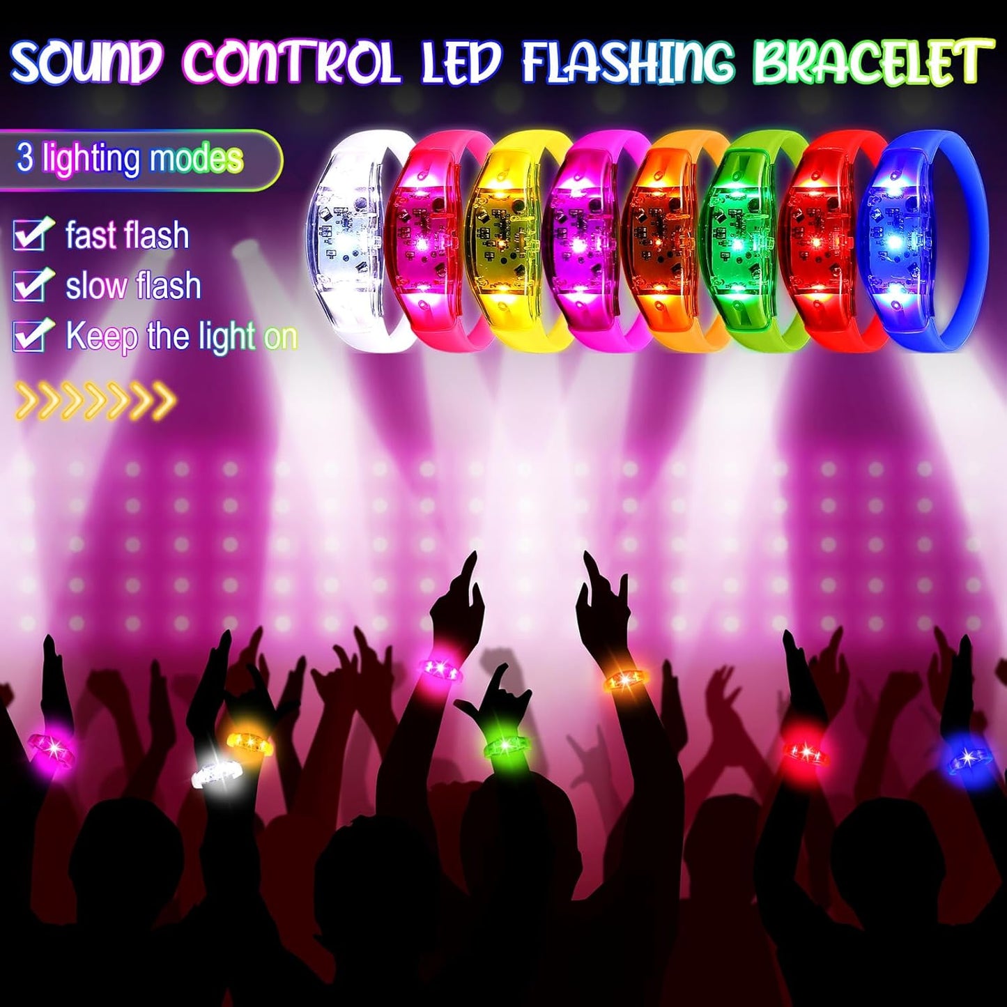 JellyArch 16 Pcs LED Glow Bracelets, Sound Activated LED Bracelets, Music Control Glow in The Dark Party Favors for Wedding, Raves, Concert, Camping, sporting Events, Party (Radiant Colors)