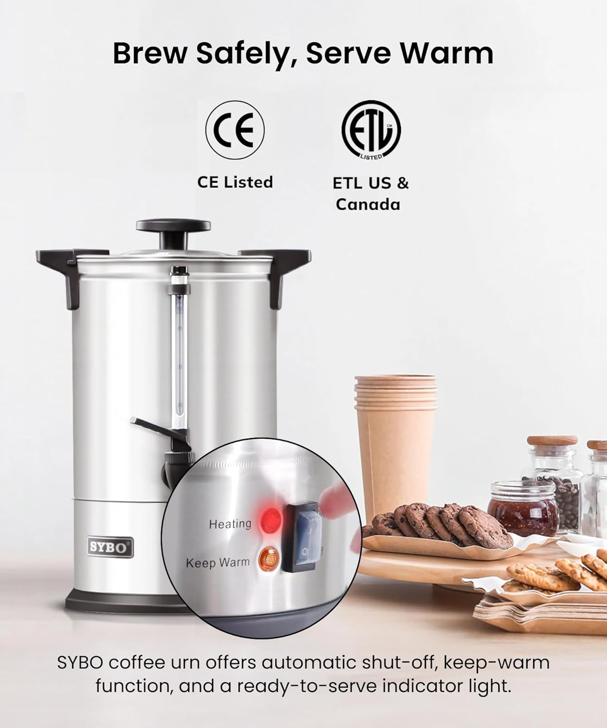 SYBO 6L Commercial Coffee Maker, Stainless Steel Coffee Urn With Cool-Touch Handles, Electric Coffee Pot Hot Beverage Dispenser, Quick-Brewing Coffee Urn, For Events,Party & Catering - 45 Cup