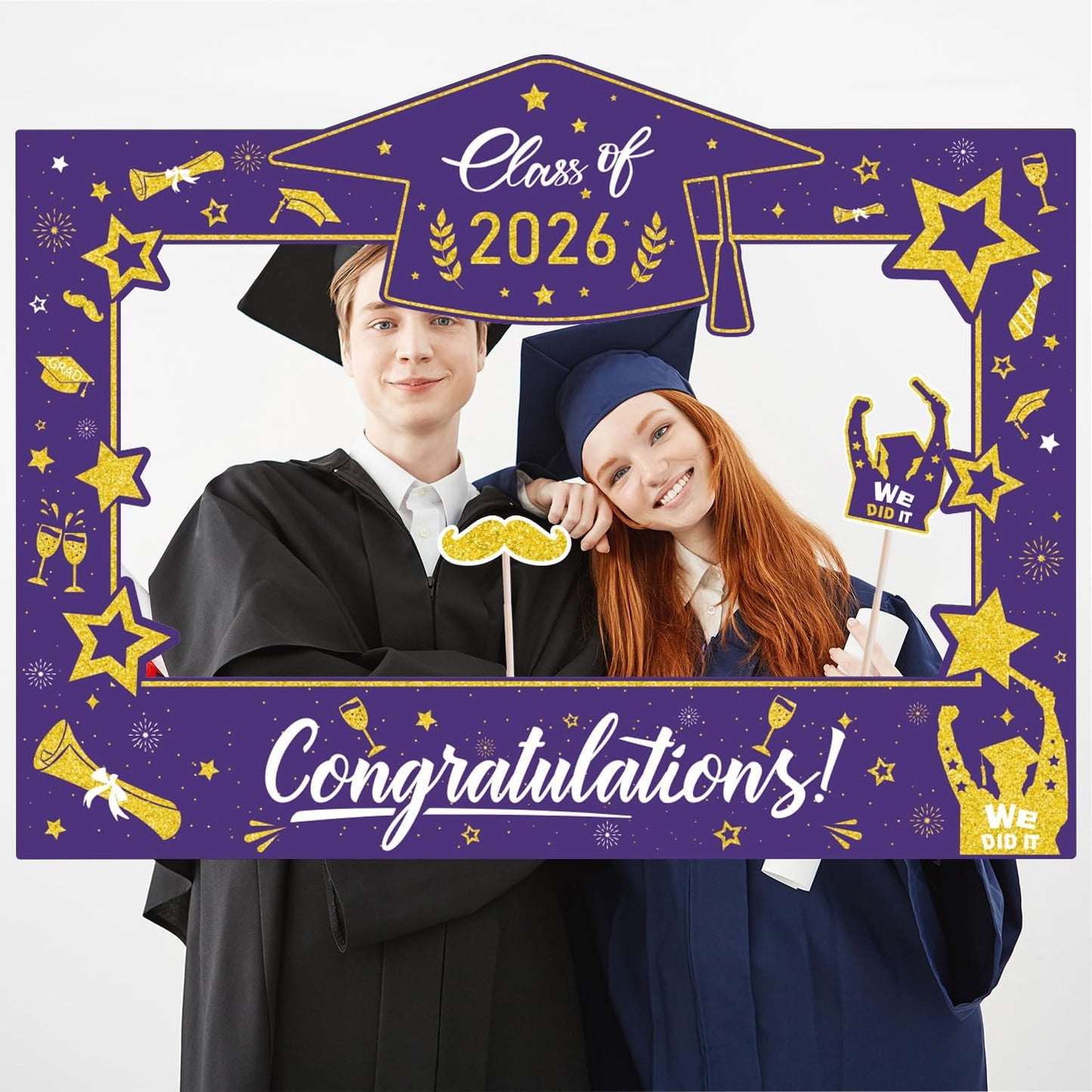 Graduation Decorations Class of 2026 Photo Booth Props - Blue and Gold 2026 Graduation Frame & Photo Props Congrats Grad Class of 2026 Decor for Graduation Party Supplies