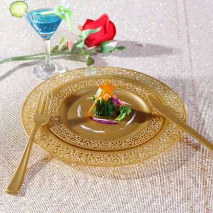 I00000 102 Pieces Gold Plastic Plates, Disposable Party Plates White Gold Rim, 51 Disposable Gold Dinner Plates 10.25 Inch and 51 Disposable Dessert Appetizer Elegant Fancy Wedding Plates 7.5 Inch