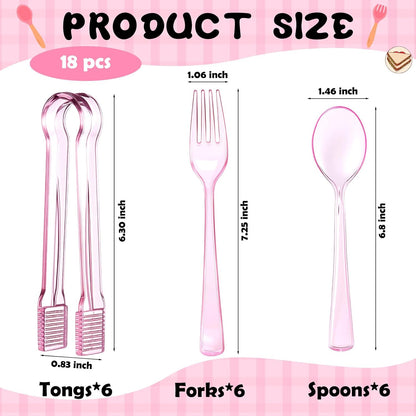 Potchen 18 Pcs Pink Plastic Silverware Set Disposable Clear Heavy Duty Serving Utensils 6 Serving Tongs 6 Spoons 6 Forks for Birthday Wedding Baby Shower Bridal Kitchen Food Ice Salad Buffet Party