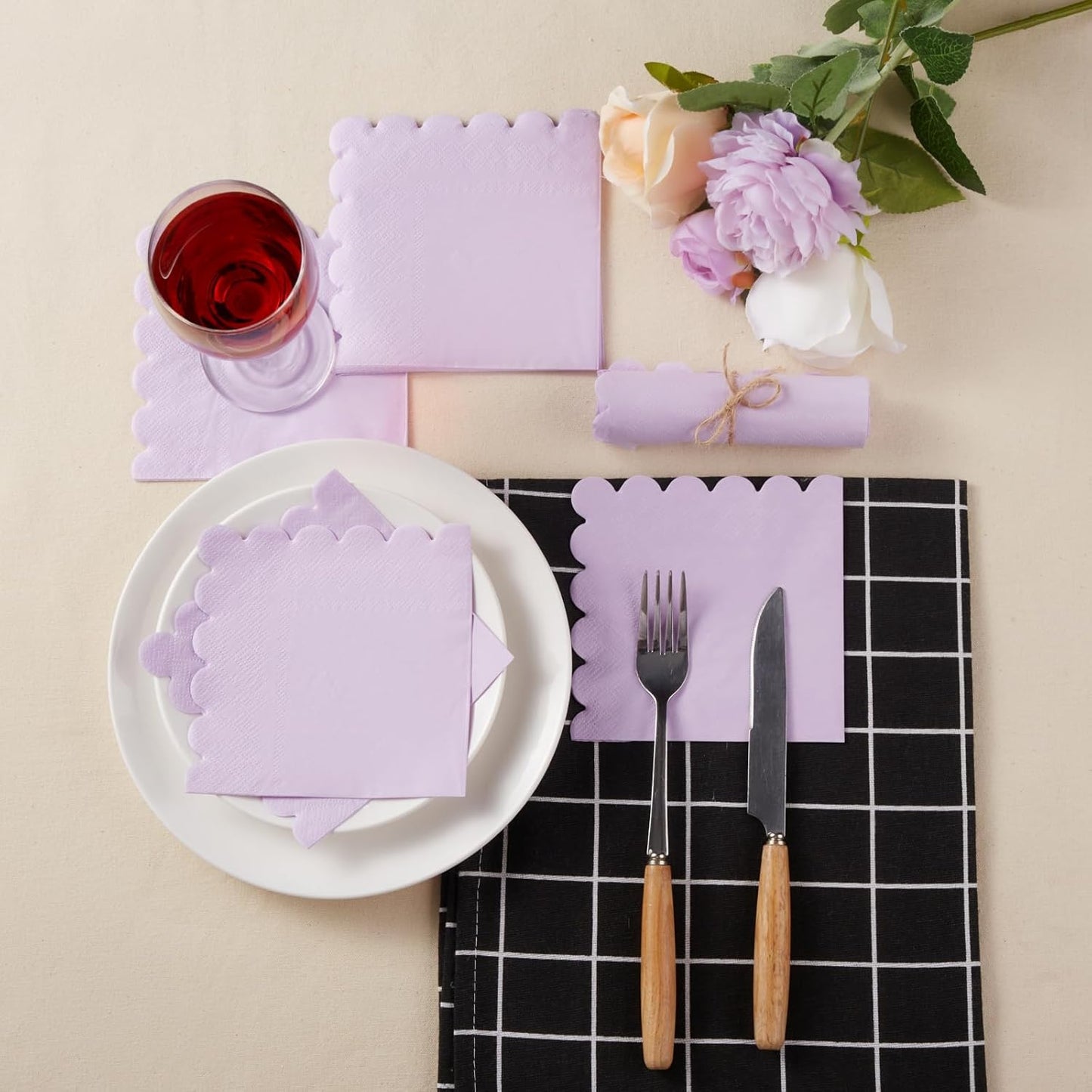 100 Pack Cocktail Napkin 2-Ply Scalloped Edged Dessert Napkins Folded 5 x 5 Inches Disposable Napkins for Dinner Wedding Birthday Party Bridal Anniversary Reception Event (Pink)