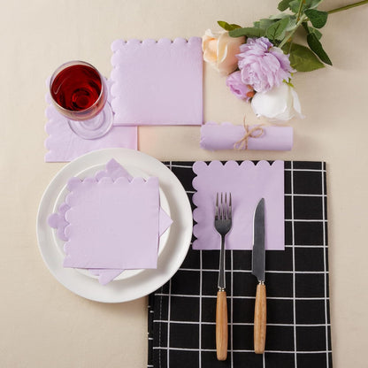 100 Pack Cocktail Napkin 2-Ply Scalloped Edged Dessert Napkins Folded 5 x 5 Inches Disposable Napkins for Dinner Wedding Birthday Party Bridal Anniversary Reception Event (Pink)