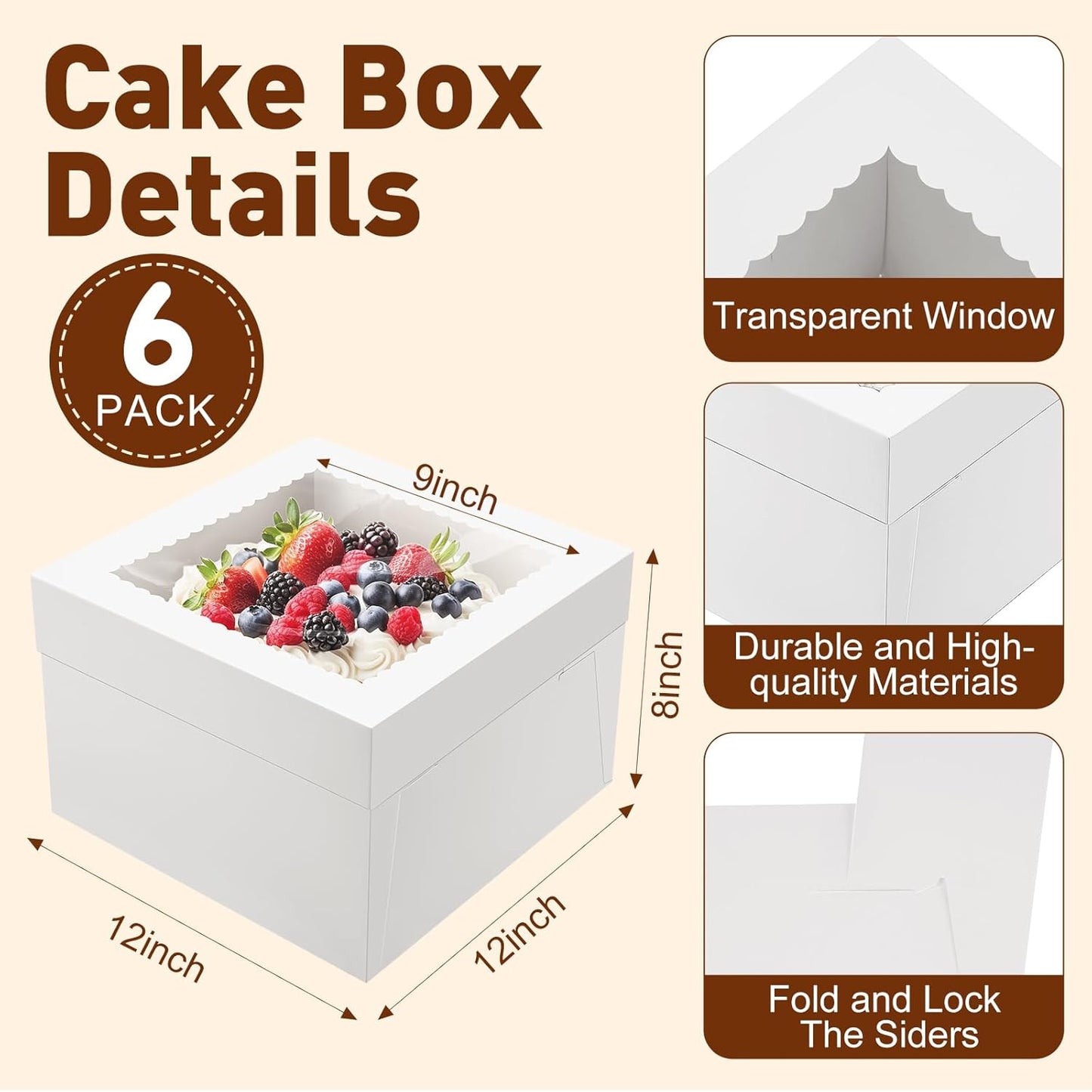 NEOACT 30 Pcs Cake Boxes, 12x12x8 Inch White Bakery Boxes with Window Cake Containers 12 Inch large Cake box for Birthday Party, Wedding,Tall Dessert Cardboard Boxes