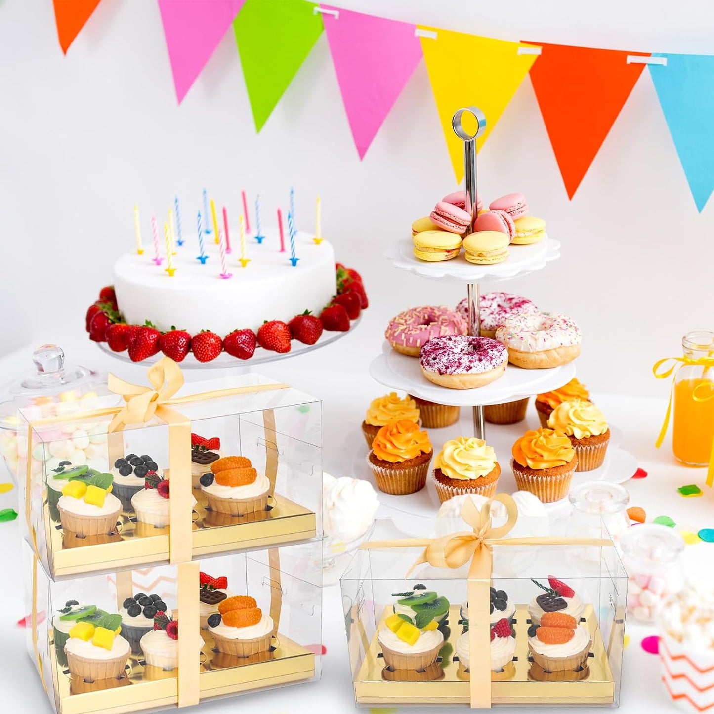 Whaline 16 Sets Clear Cupcake Boxes 6 Count Rectangle Bakery Cake Containers with Gift Ribbon Plastic Cupcake Carrier Holder for Wedding Birthday Baby Shower Favors