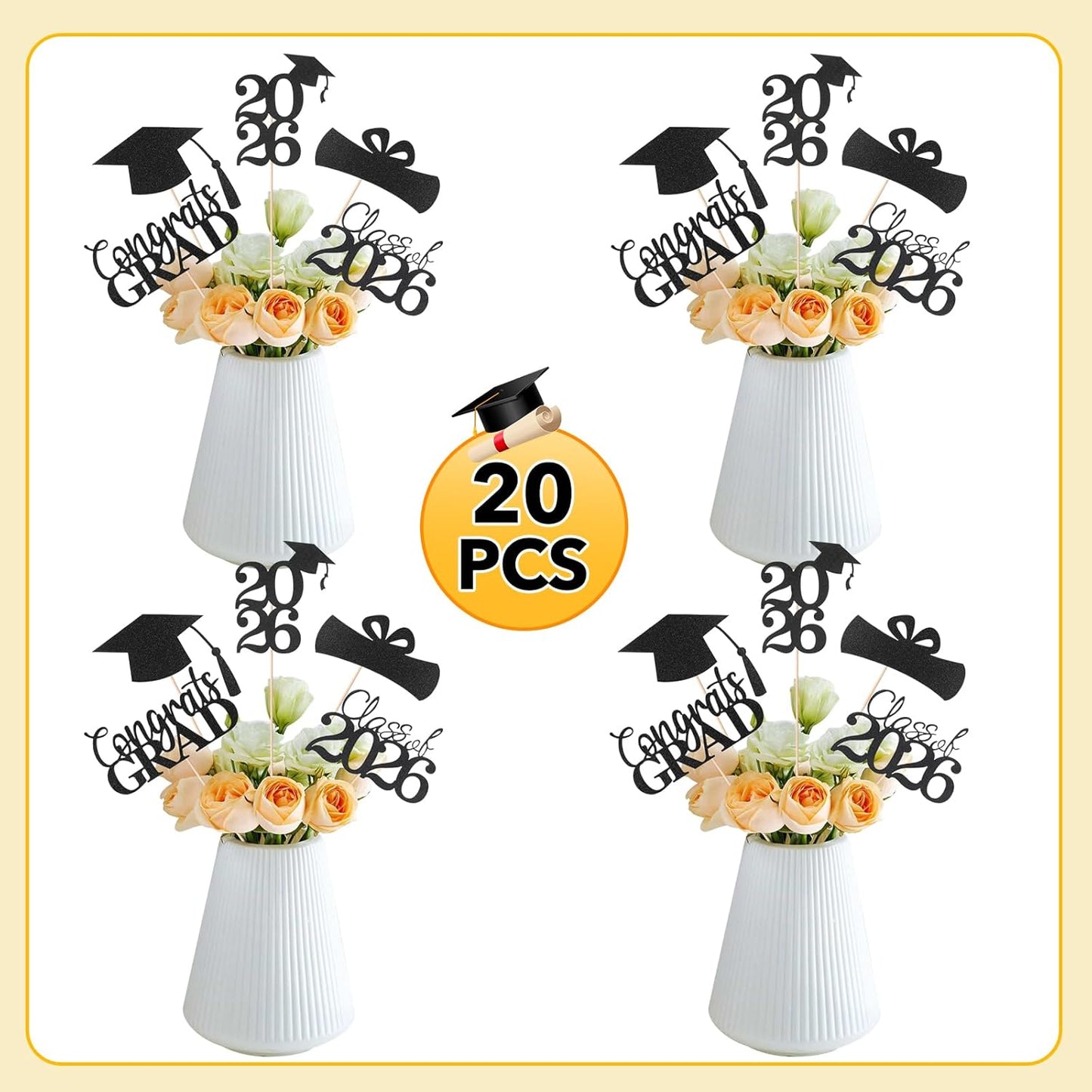 Graduation Decorations 2026, 20 PCS Sparkling Black Double-Sided Centerpiece Sticks for Tables, Class of 2026 Table Toppers and Party Supplies