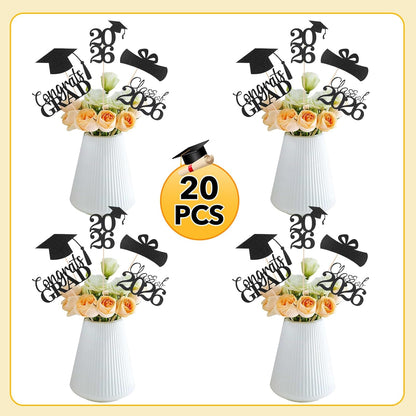 Graduation Decorations 2026, 20 PCS Sparkling Black Double-Sided Centerpiece Sticks for Tables, Class of 2026 Table Toppers and Party Supplies