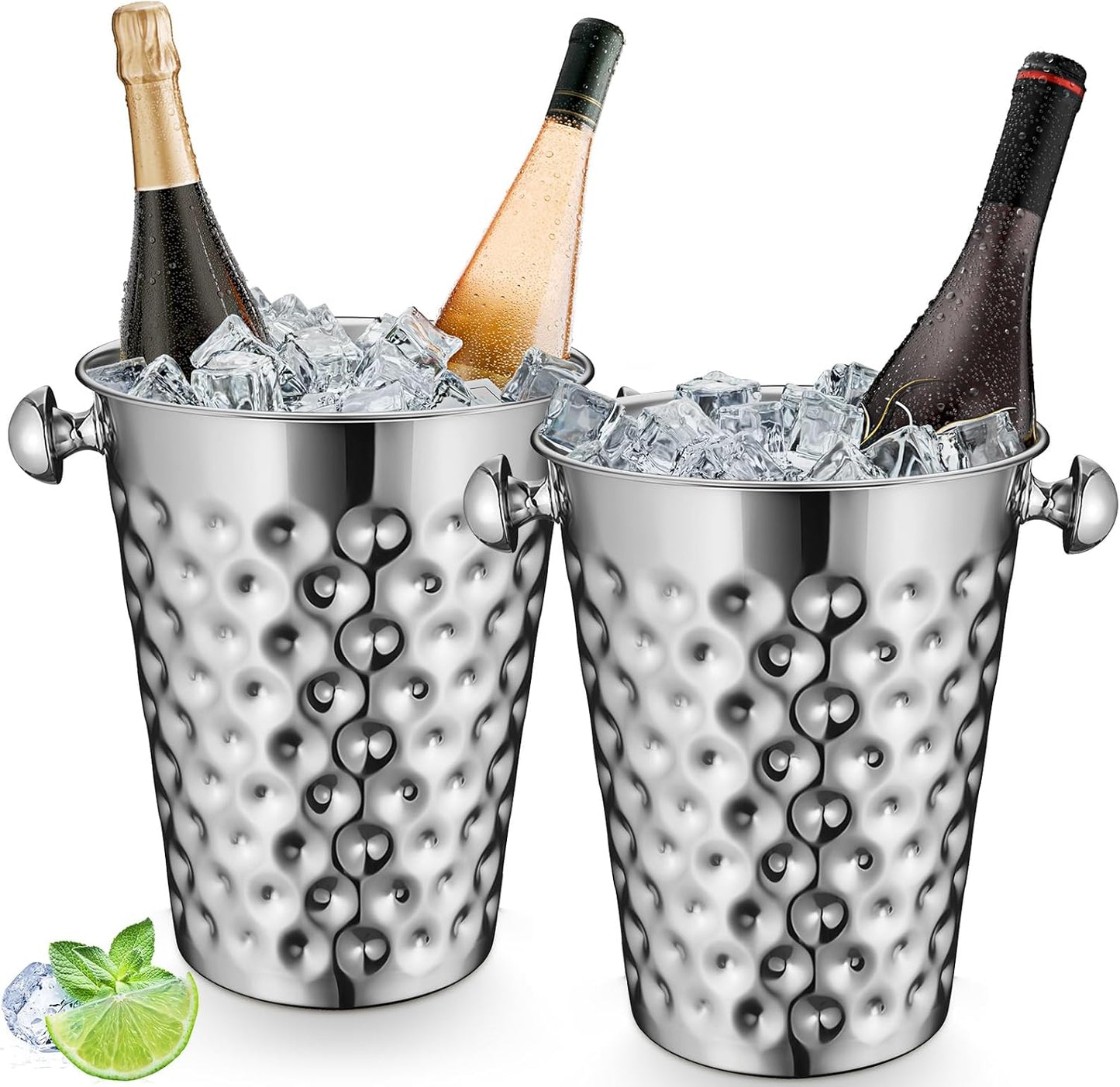 MorningRo 2 Pcs 5 Quart Black Champagne Ice Bucket 4.7 L Metal Doublewall Hammered Stainless Steel Wine Beer Chiller Home Bar Accessories for Football Sports Wedding Party Summer BBQ (Beveled Mouth)