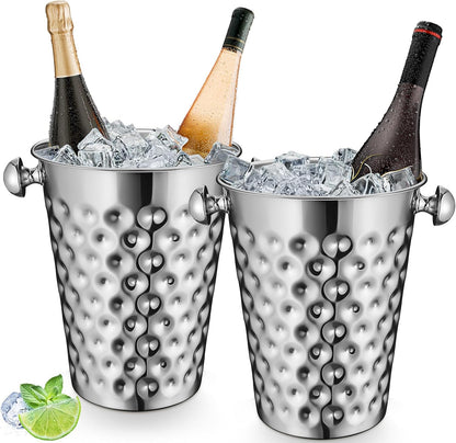 MorningRo 2 Pcs 5 Quart Black Champagne Ice Bucket 4.7 L Metal Doublewall Hammered Stainless Steel Wine Beer Chiller Home Bar Accessories for Football Sports Wedding Party Summer BBQ (Beveled Mouth)
