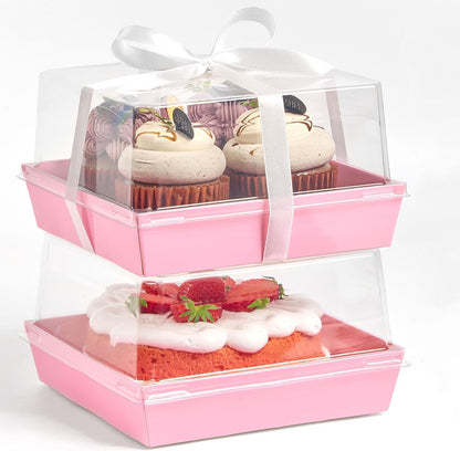 Ocmoiy 7x7x4 Inches White Paper Cake Boxes with Clear Lids for 6 Inch Cakes, 20 Pack Square Disposable Cake Bakery Take Out Containers, To Go Dessert Boxes