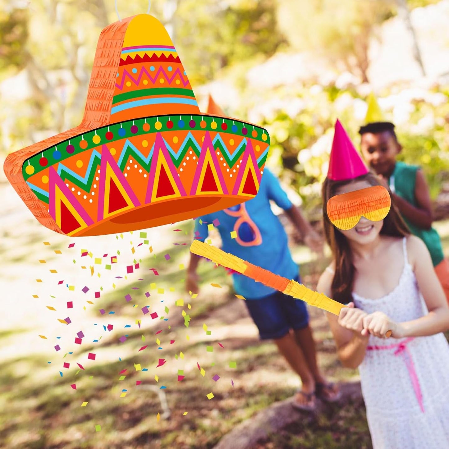 Hooqict Mexican Pinata with Blindfold and Bat Stick Party Pinata for Fiesta Carnival Cinco de Mayo Decorations Kids Adults Mexican Party Games Birthday Party Supplies
