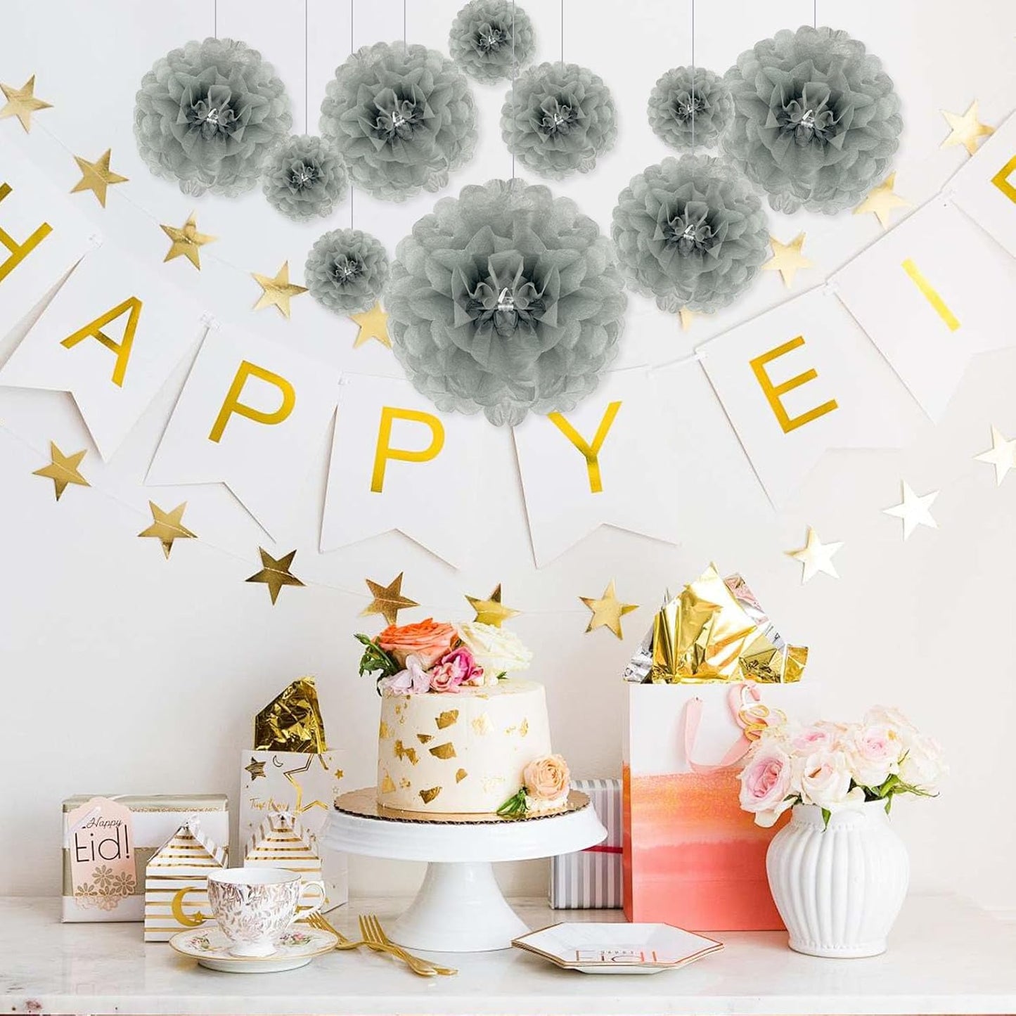 Tissue Paper Pom Poms, Pink Tissue Paper Flowers, Hanging Flower Balls for Weddings Fiesta Parties Birthday Baby Showers Classroom Bridal Shower Decoration (18Piece Set-6/10/12/14Inch)