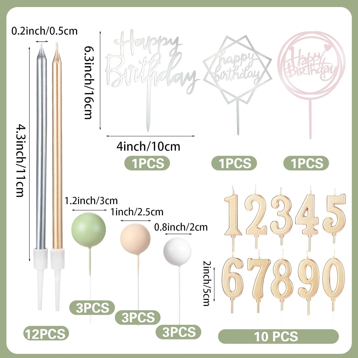 Yerliker 34 Pcs Happy Birthday Cake Toppers Decorations Birthday Candles DIY Cake Decor for Men Women Wedding Anniversary(Gold)
