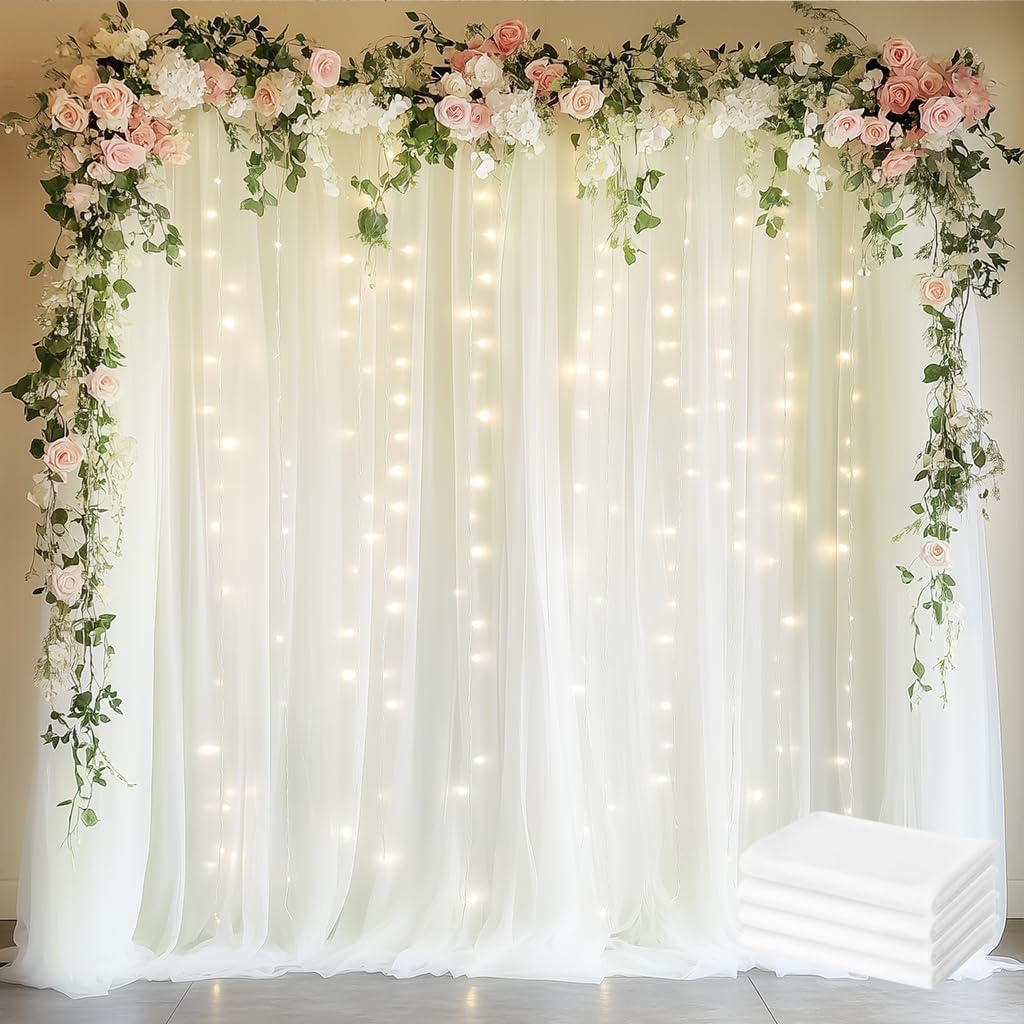 Fomcet Tulle Backdrop Curtains with Lights String White 10FT X 8FT Sheer Curtain with Lights Tulle Curtains Backdrop for Wedding Birthday Party Baby Shower Photo Shoot (2 Panels 5x8FT)