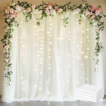 Fomcet Tulle Backdrop Curtains with Lights String White 10FT X 8FT Sheer Curtain with Lights Tulle Curtains Backdrop for Wedding Birthday Party Baby Shower Photo Shoot (2 Panels 5x8FT)