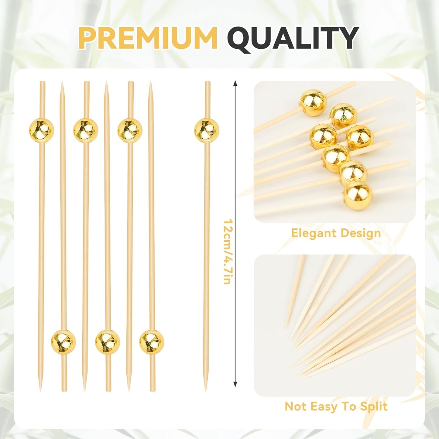 100PCS Cocktail Picks, Fancy Toothpicks for Appetizers, Decorative Skewers for Appetizers Drinks Party Fruit, 4.7 Inch Long Wooden Bamboo Gold Ball Food Sticks Charcuterie Boards Accessories