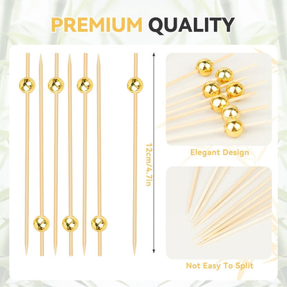 100PCS Cocktail Picks, Fancy Toothpicks for Appetizers, Decorative Skewers for Appetizers Drinks Party Fruit, 4.7 Inch Long Wooden Bamboo Gold Ball Food Sticks Charcuterie Boards Accessories