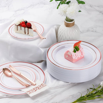 Goodluck 350 Pieces Gold Dinnerware Set for 50 Guests, Plastic Plates Disposable for Party, Include: 50 Gold Rim Dinner Plates, 50 Dessert Plates, 50 Paper Napkins, 50 Cups, 50 Gold Silverware Set