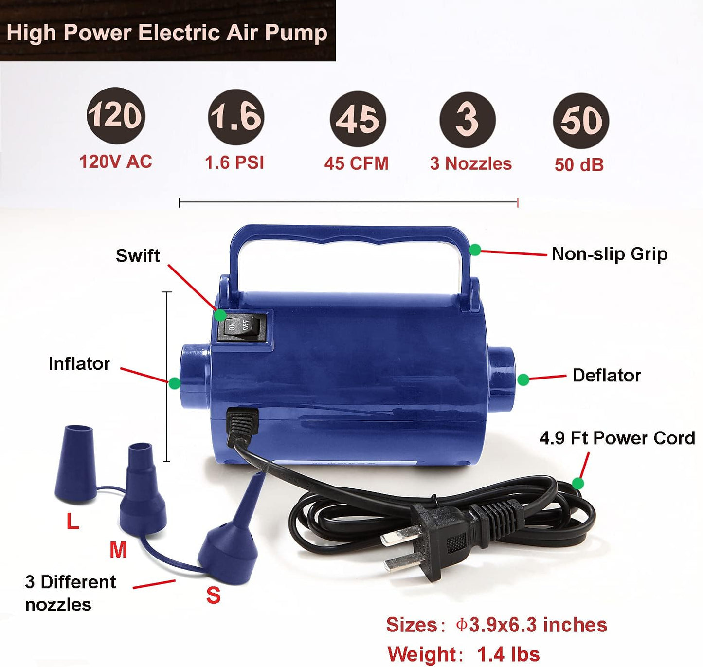 Artigarden Electric Air Pump Portable 460W Quick-Fill Air Pump Air Flow 45CFM 2.1PSI with Hose 5 Nozzles 120V AC Inflator Deflator Pump for Air Mattress Air Bed Inflatable Cushion Boat Swimming Ring