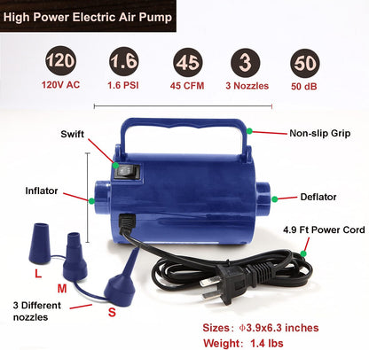 Artigarden Electric Air Pump Portable 460W Quick-Fill Air Pump Air Flow 45CFM 2.1PSI with Hose 5 Nozzles 120V AC Inflator Deflator Pump for Air Mattress Air Bed Inflatable Cushion Boat Swimming Ring