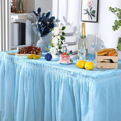 Oudain 6 Pcs Plastic Table Skirts and Stainproof Table Cloths 54 x 108 in Plastic Ruffle Tablecloth 168 x 29 Inches Disposable for Wedding Baby Shower Valentine Spring Easter Party(White)
