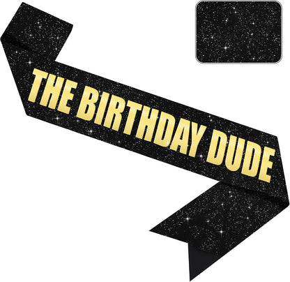 Vuzvuv Glitter Black The Birthday Dude Sash with Iridescent Foil Letter for Men and Boys, Funny Party Decorations for Boyfriend, Son, Brother,Husband