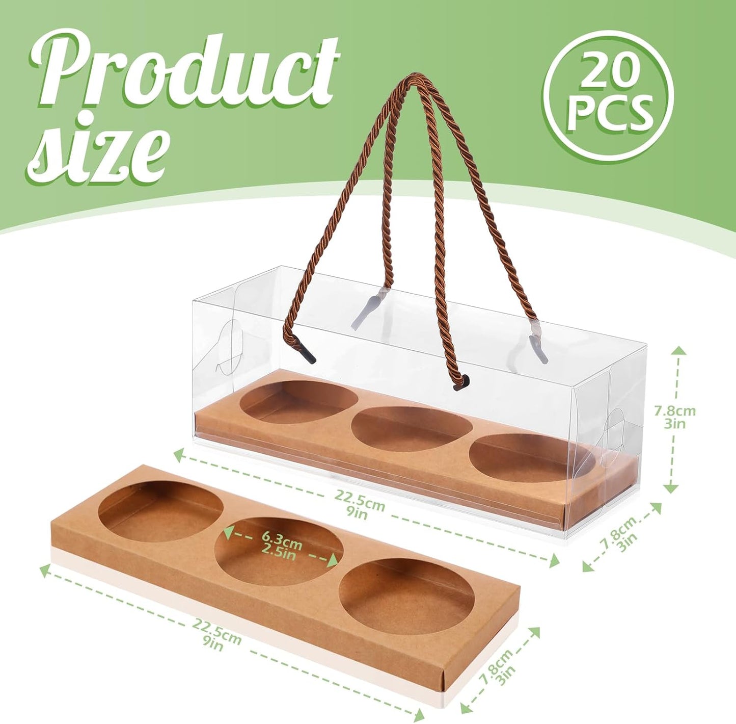 Thenshop 20 Pcs 9 x 3 x 3 Inch Clear Cupcake Boxes with Handle and Inserts 3 Count Portable Pastry Packaging for Cupcakes Carrier Muffin Bakery Containers Mothers Day Wedding Party(Brown)