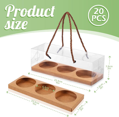 Thenshop 20 Pcs 9 x 3 x 3 Inch Clear Cupcake Boxes with Handle and Inserts 3 Count Portable Pastry Packaging for Cupcakes Carrier Muffin Bakery Containers Mothers Day Wedding Party(Brown)