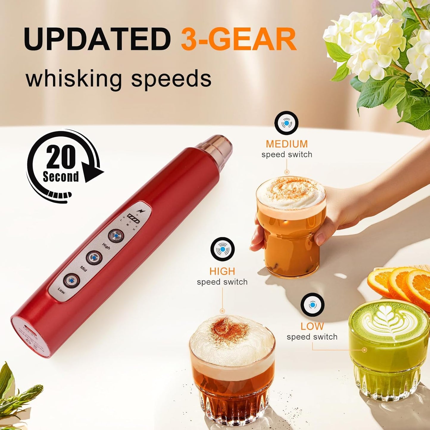 YUSWKO Black Handheld Milk Frother Wand for Coffee, Rechargeable Electric Whisk with 3 Heads 3 Speeds Drink Mixer Coffee Frother For Latte, Cappuccino, Hot Chocolate, Egg