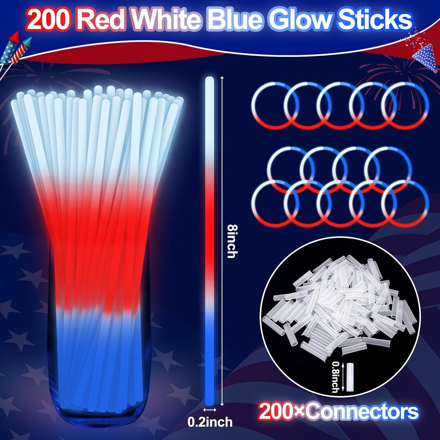 100 Pcs 4th of July Party Favors Glow Sticks with Connectors,Patriotic Glow Stick Red White Blue 3 in 1 Glow Bracelets and Necklaces 4th of July Accessories for Independence Day 250th Anniversary