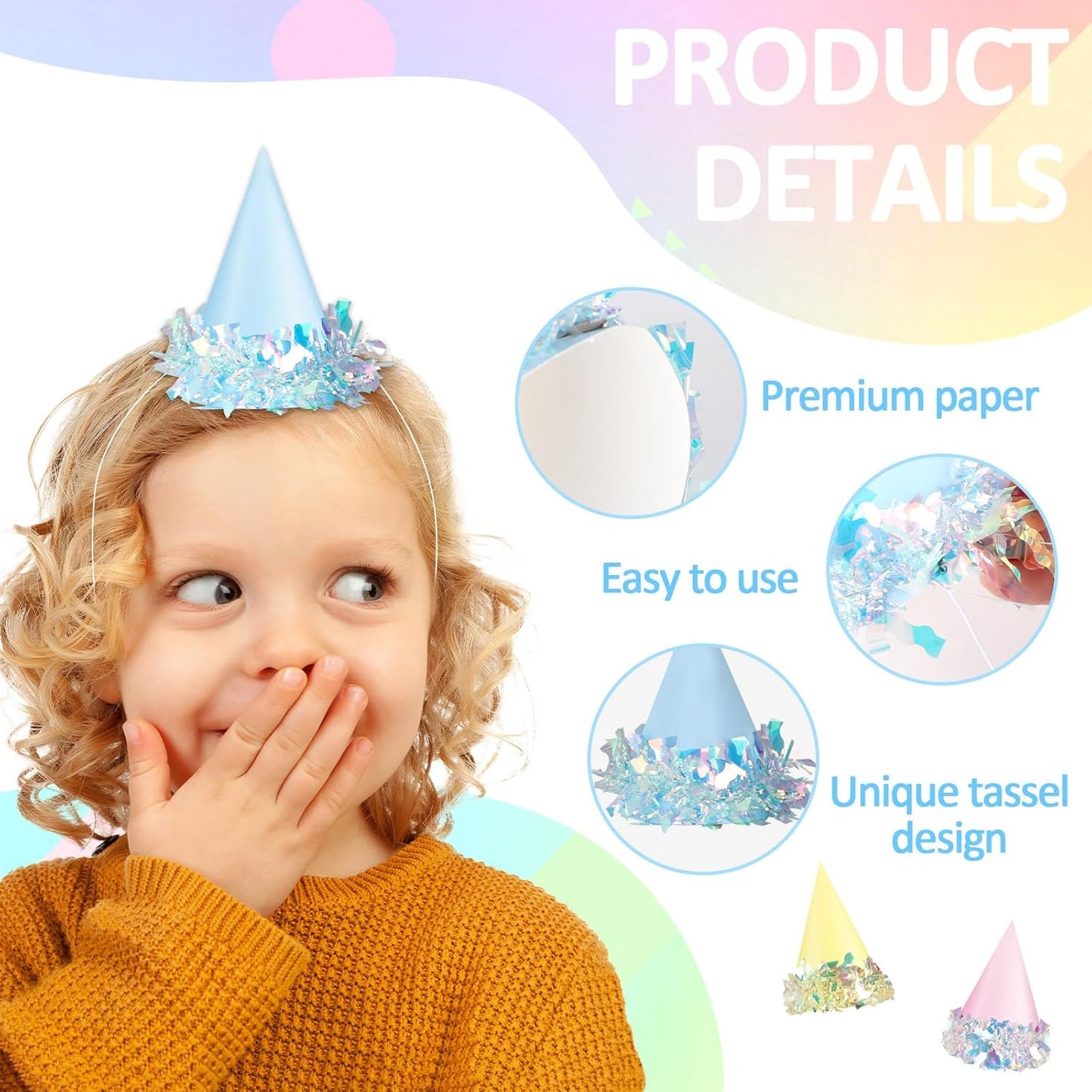 24 Pcs Iridescent Foil Pastel Mini Party Hats for Dog Cat Birthday Party Supplies Pastel Rainbow Small Puppy Birthday Hats Colorful Paper Cone Caps for Dolls Animals Pets Grooming Costume Accessories
