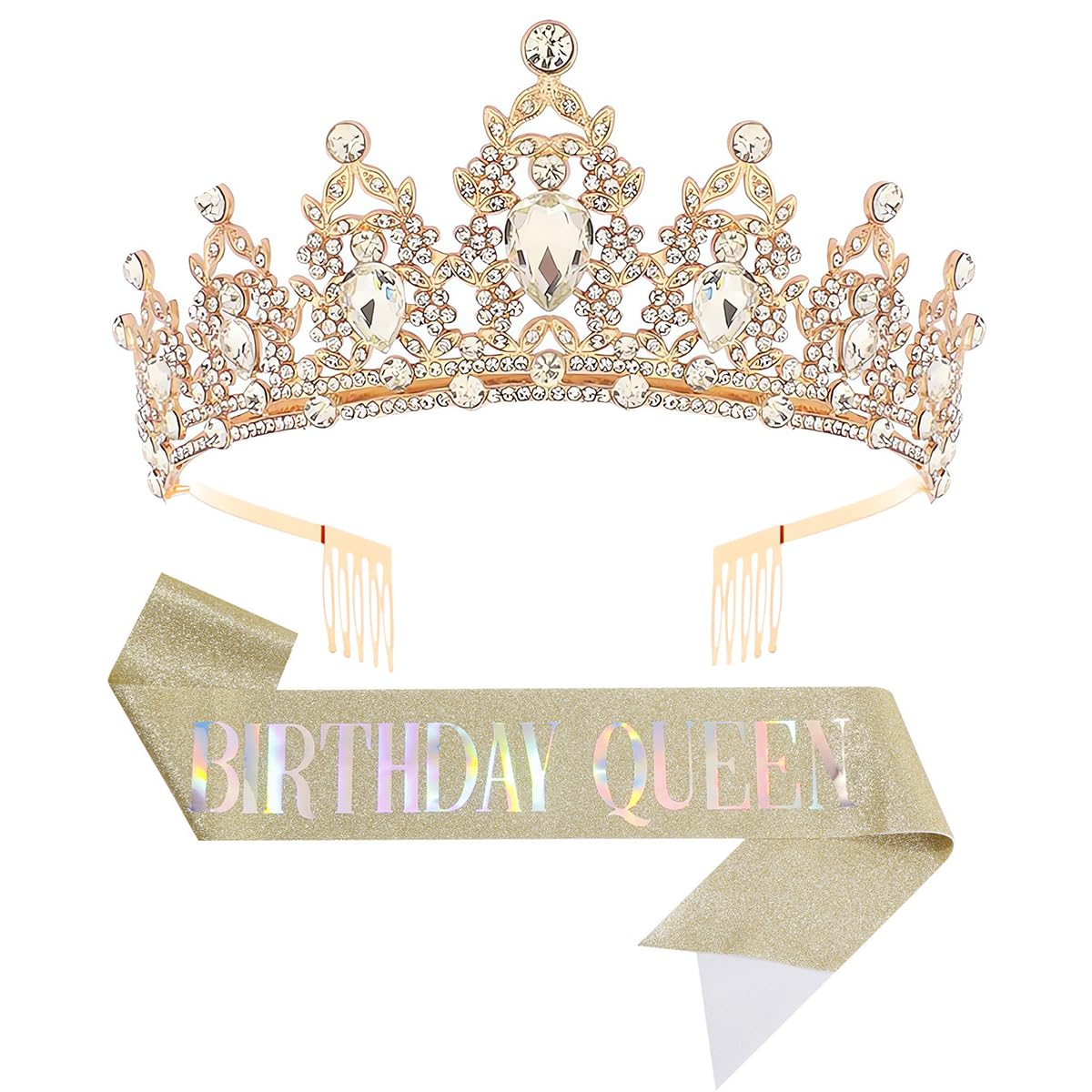 Birthday Tiara Crown with Sash for Women, Headband Hair Accessories for Wedding Party Costume