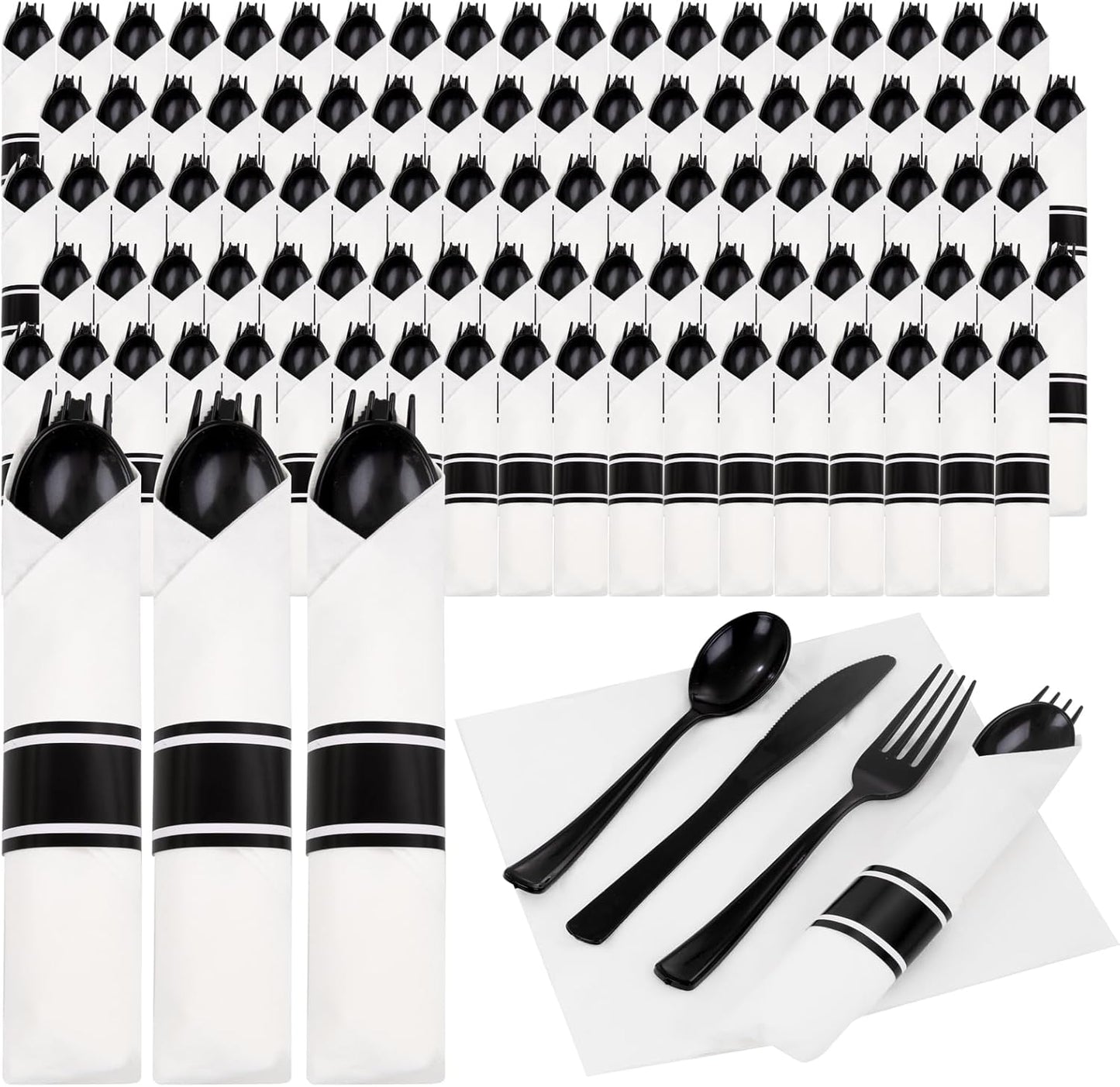 Supernal 240 Silver Plastic Silverware Set - 60 Sets Pre Rolled Napkins with Cutlery - Mirror Polished Real Look Disposable Silver Utensils- Elegant Heavy Duty Flatware for Weddings & Catering