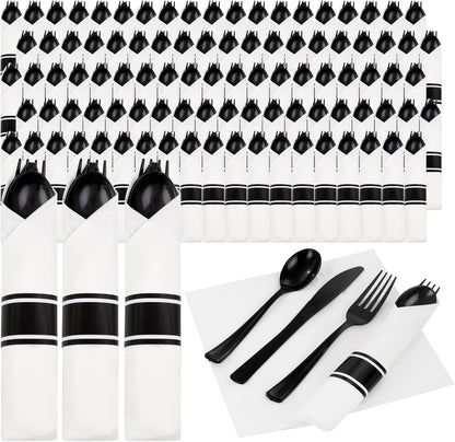 Supernal 240 Silver Plastic Silverware Set - 60 Sets Pre Rolled Napkins with Cutlery - Mirror Polished Real Look Disposable Silver Utensils- Elegant Heavy Duty Flatware for Weddings & Catering