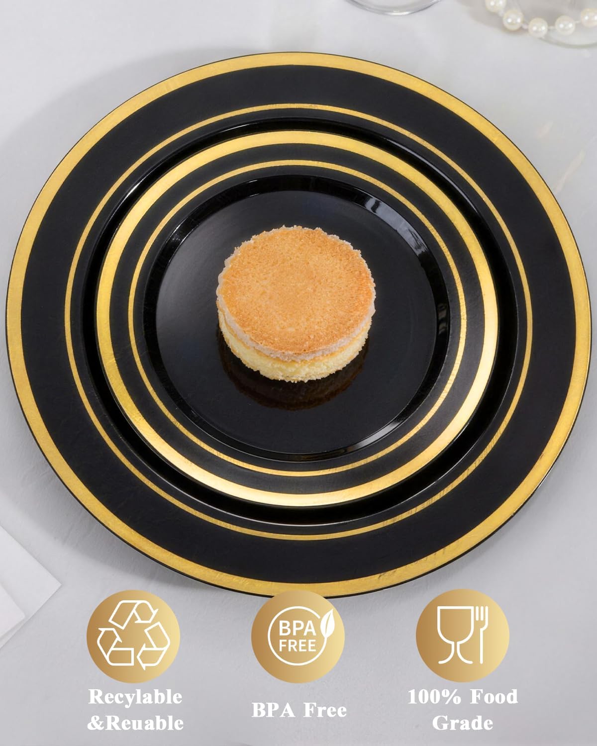 Goodluck 200PCS Gold Plastic Plates, Heavy Duty Disposable Gold Plates with 100 10.25 inch Dinner Plates and 100 7.5 inch Dessert Plates for Party, Holiday, Wedding, Thanksgiving