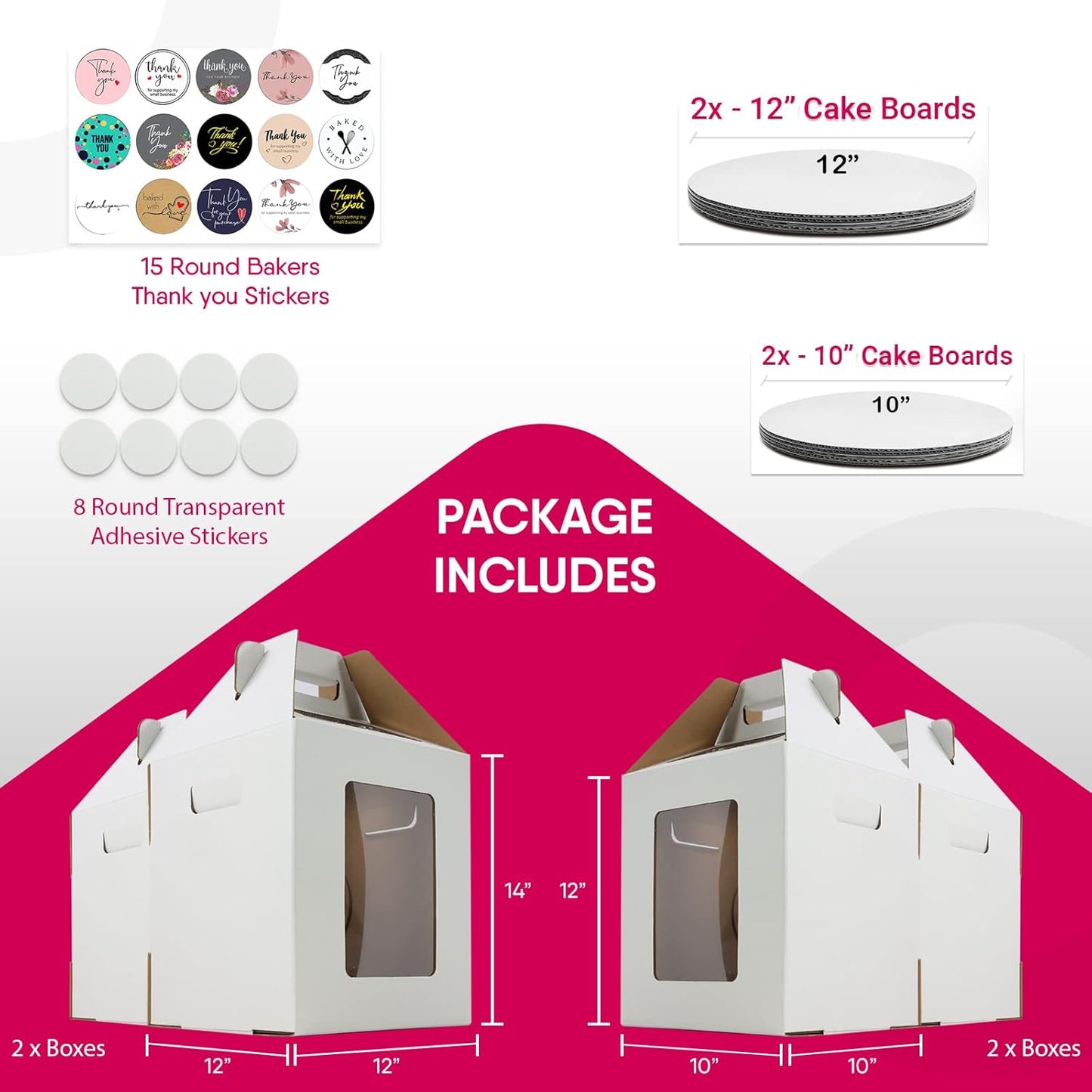 4 Pack Tri-Handle Tall Cake Boxes With Windows In 2 Sizes 10x10x12 & 12x12x14 + 4 Cake Boards 10" & 12", Bakery Caddy Carrier Container With Handle Ideal for 12" & 14" Tiered Cakes