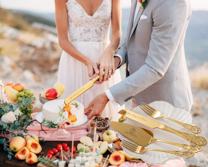 Cake Cutting Set for Wedding, Gold Wedding Cake Knife and Server Set, 4 Pieces pizza spatula and Knife with Forks for Engagements, Anniversaries