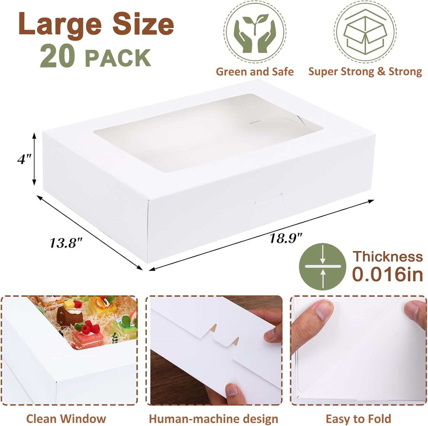 Moretoes 10pcs 19x14x4in Half Sheet Cake Boxes with Window, White Cookie Boxes, for Pastry Baking Cake Donuts Cupcake Pie Packaging