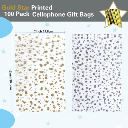 100 Pcs Star Printed 5"X 7" Gift Wrap Cello Cellophane Treat Bags Party Favor bags Clear Candy Cookie Bag Plastic Poly Goodie Storage Bag with Twist Ties for Bakery,Birthday, Wedding ,Party Decorations (Gold)