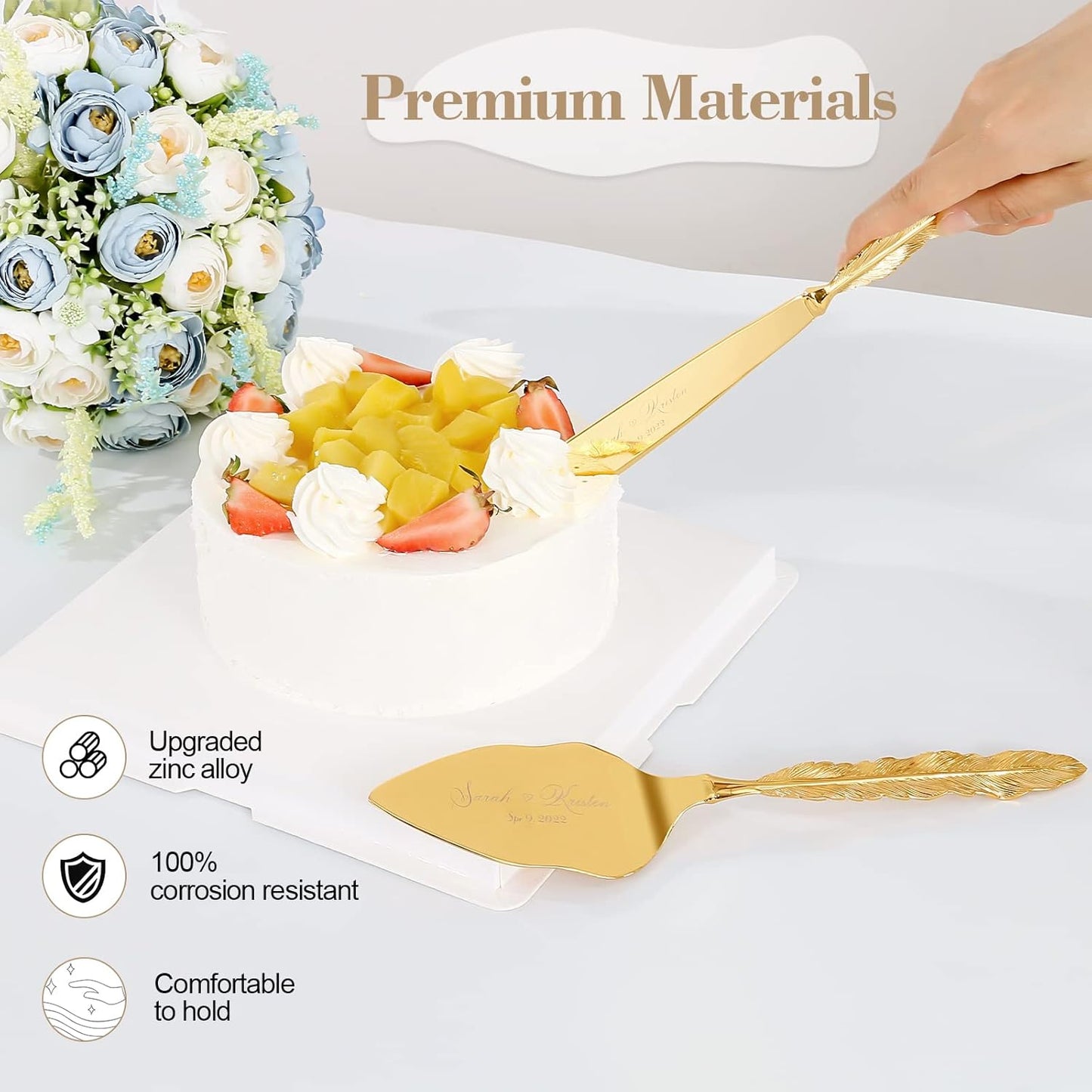 Wedding Cake Knife and Server Set, Personalized Gold Cake Cutting Set for Wedding, Engraved Classic Cake Knives Cutter Set, Pie Server, Birthday Bridal Quinceañera Gift (CUS-Flower)