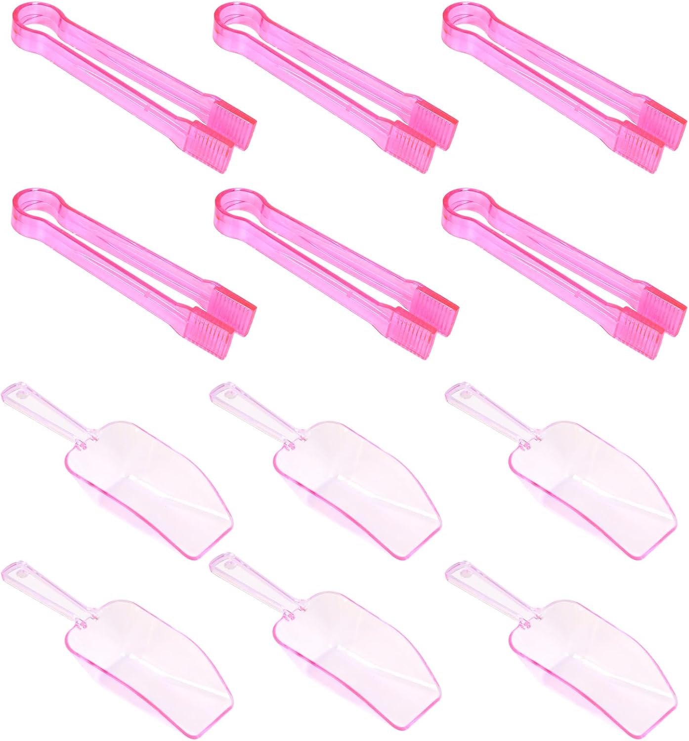 12Pcs Clear Plastic Ice Scoops Tongs Set, Small Tongs for Serving Food, Mini Candy Scoops for Candy Buffet Dry Goods Freezer Bin Canisters (Clear Pink)