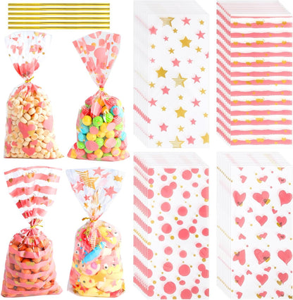 100 Pcs Star Printed 5"X 7" Gift Wrap Cello Cellophane Treat Bags Party Favor bags Clear Candy Cookie Bag Plastic Poly Goodie Storage Bag with Twist Ties for Bakery,Birthday, Wedding ,Party Decorations (Gold)