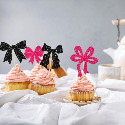 Ephlyn 24Pcs Pink Bow Cupcake Toppers Bow Birthday Cake Topper Girls Birthday Party Decorations Bowknot Cupcake Decorations for Bridal Wedding Themed Party Multi