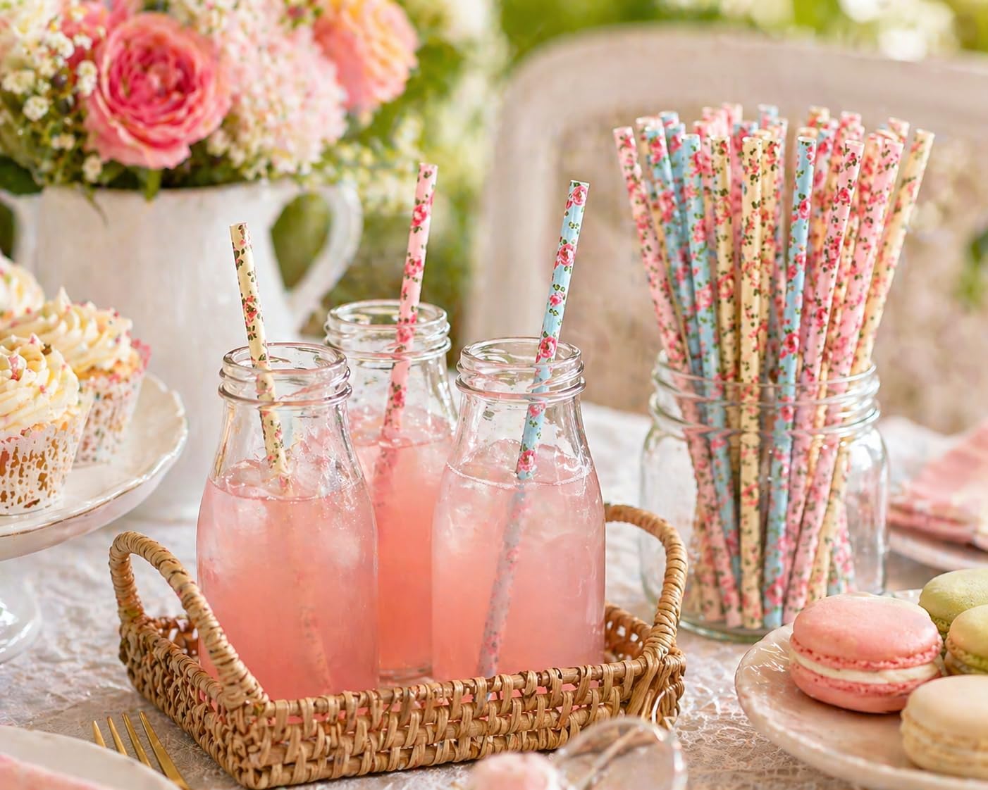 75-Pack Eco-Friendly Biodegradable Paper Straws - Vintage Rose & Floral Design in Pink, Blue, Yellow - Disposable Straws for Parties By JPACO