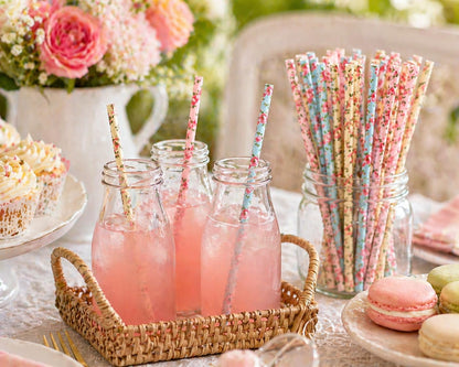 75-Pack Eco-Friendly Biodegradable Paper Straws - Vintage Rose & Floral Design in Pink, Blue, Yellow - Disposable Straws for Parties By JPACO