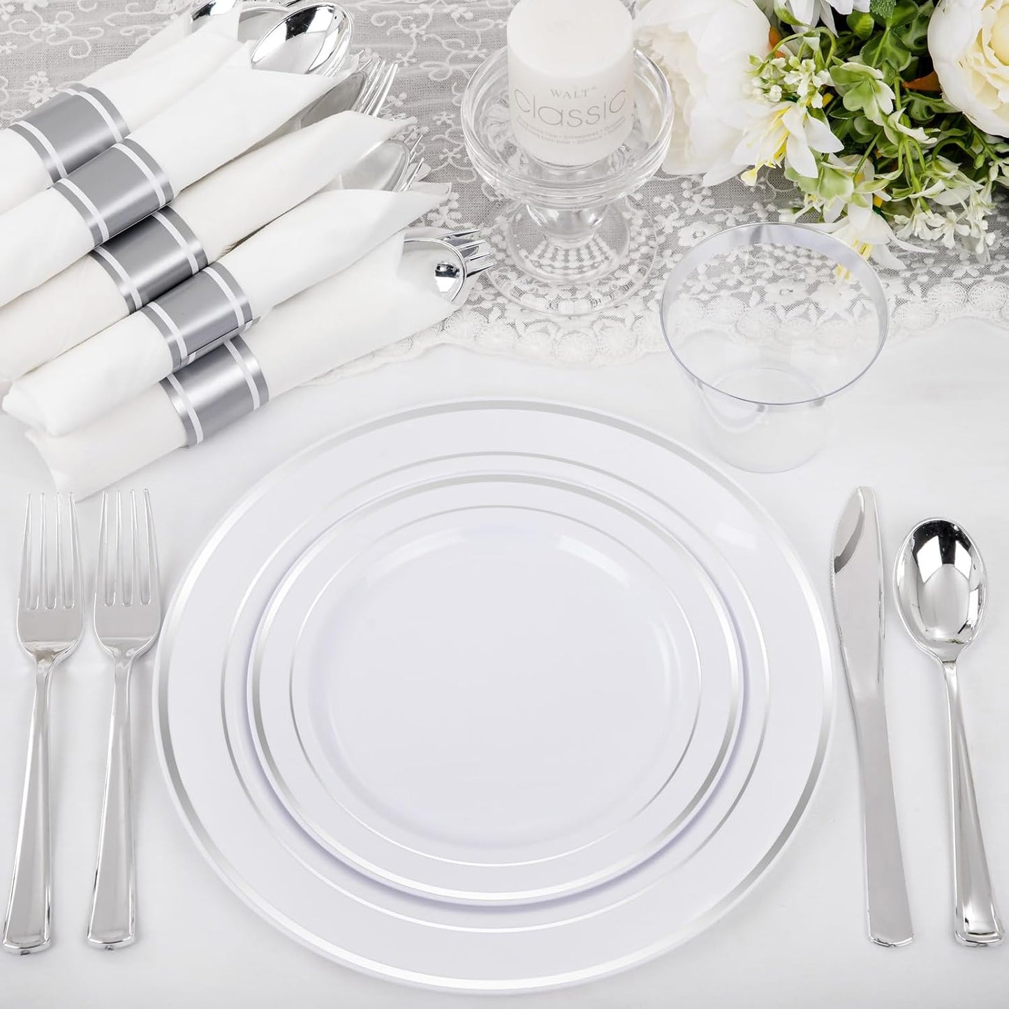 WELLIFE 350-Piece Gold Disposable Plates and Cutlery Set - Premium 10.25" Dinner Plates, 7.5" Dessert Plates, 9oz Cups & Cutlery for Weddings, Catering Events - 50 Guest Service - Elegant & Sturdy