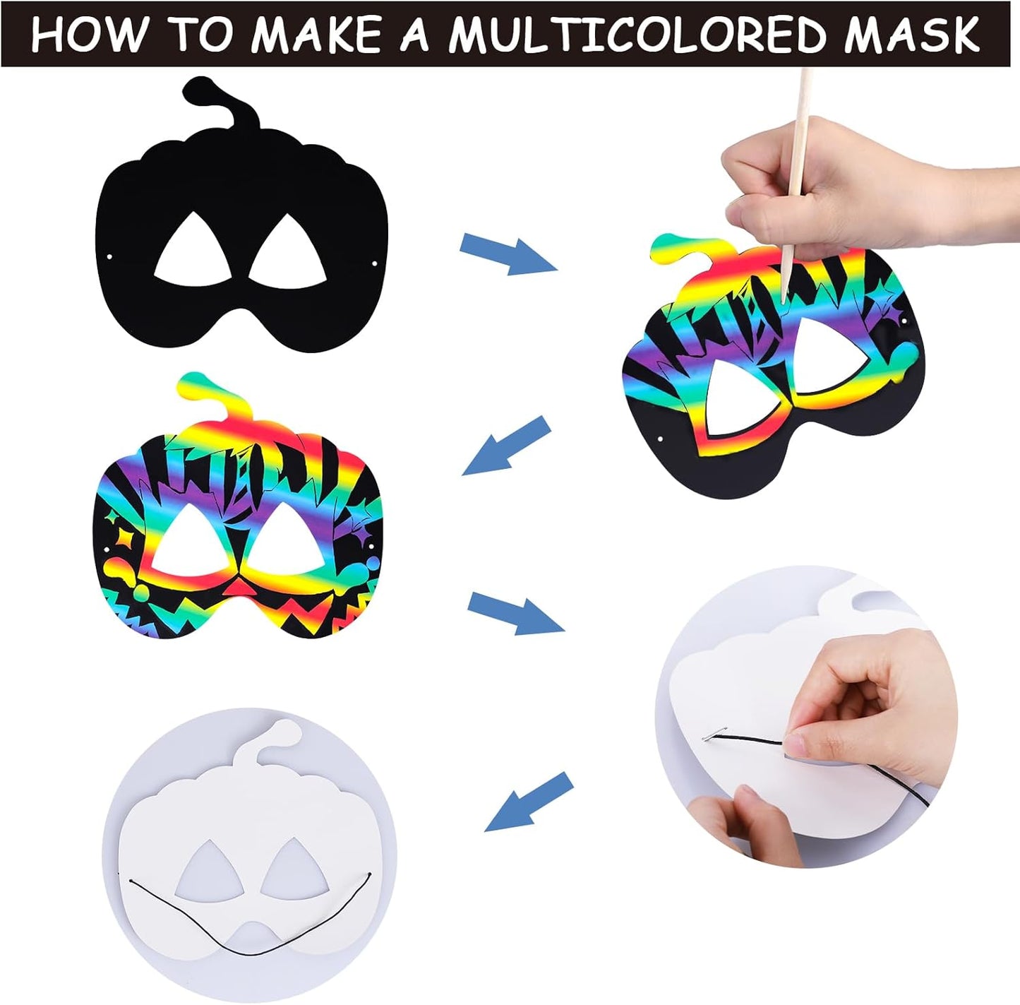 Max Fun 48PCS Halloween Crafts for Kids Kit, Rainbow Scratch Art and Crafts Mask, Birthday Cosplay Classroom Decoration, Magic Scratch Paper Halloween Party Favors Supplies Bat Witch Pumpkin Zombie